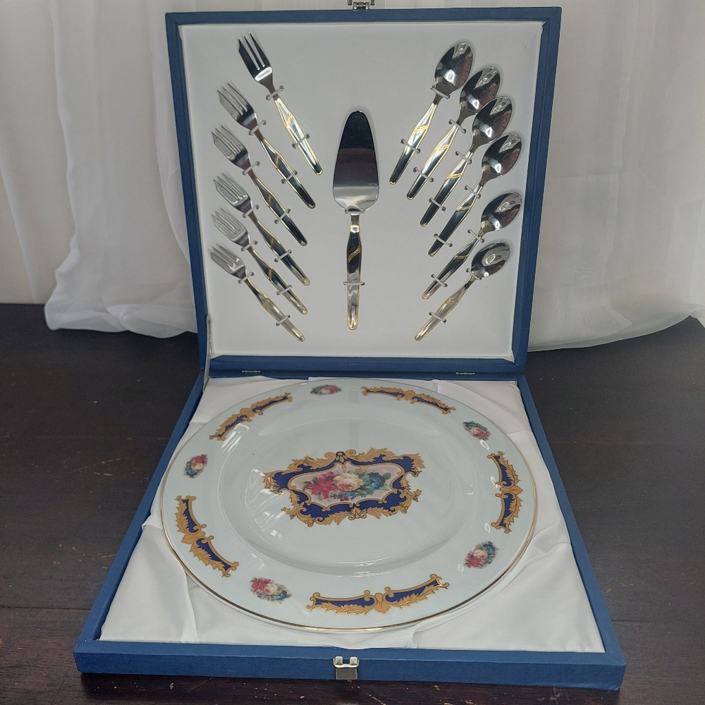 Vintage Porcelain Cake Set – Floral Platter, Stainless Steel Forks & Spoons